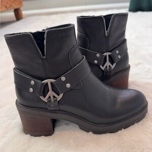Lucky Brand Soxton Peace Sign Black Ankle Boots with Silver Buckle